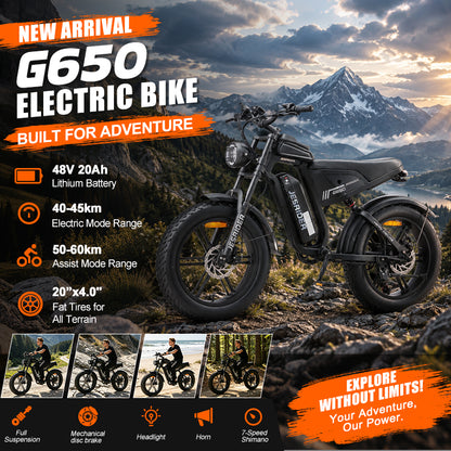JESRIDER G650 Retro All-Terrain E-Bike for Adults, 48V 20Ah Removable Battery, 20"x4 Fat Tire, Full Suspension